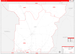 Lee County, GA Wall Map Zip Code Red Line Style 2024