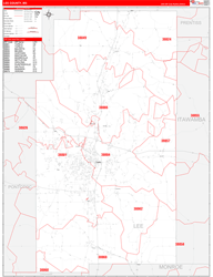 Lee County, MS Wall Map Zip Code Red Line Style 2024