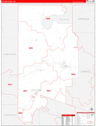 Leflore County, MS Wall Map Zip Code Red Line Style 2024
