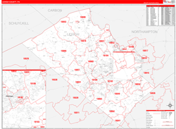 Lehigh County, PA Wall Map Zip Code Red Line Style 2024