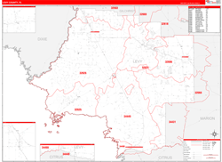 Levy County, FL Wall Map Zip Code Red Line Style 2024