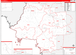 Levy County, FL Wall Map Zip Code Red Line Style 2026