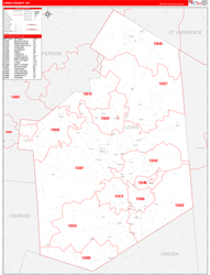 Lewis County, NY Wall Map Zip Code Red Line Style 2024