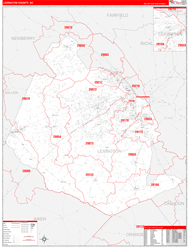 Lexington County, SC Wall Map Zip Code Red Line Style 2024