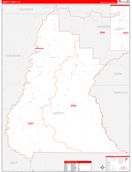 Liberty County, FL Wall Map Zip Code Red Line Style 2023