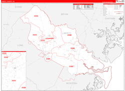 Liberty County, GA Wall Map Zip Code Red Line Style 2024