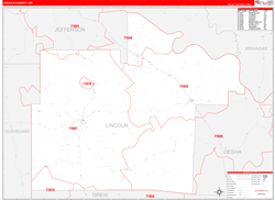 Lincoln County, AR Wall Map Zip Code Red Line Style 2024