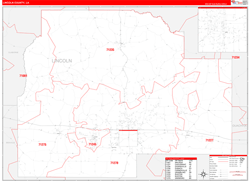 LincolnParish (County), LA Wall Map Zip Code Red Line Style 2024