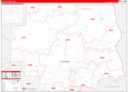 Lincoln County, MO Wall Map Zip Code Red Line Style 2024