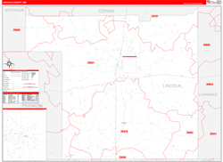 Lincoln County, MS Wall Map Zip Code Red Line Style 2024