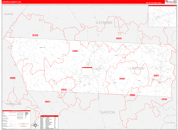 Lincoln County, NC Wall Map Zip Code Red Line Style 2024