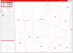 Lincoln County, NE Wall Map Zip Code Red Line Style 2023