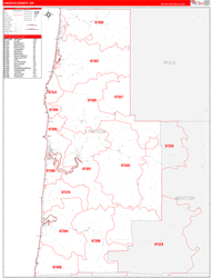 Lincoln County, OR Wall Map Zip Code Red Line Style 2024
