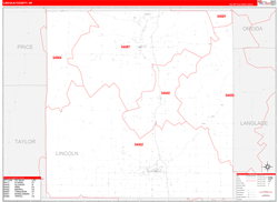 Lincoln County, WI Wall Map Zip Code Red Line Style 2024