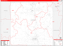 Lincoln County, WI Wall Map Zip Code Red Line Style 2026