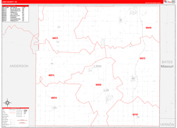 Linn County, KS Wall Map Zip Code Red Line Style 2024