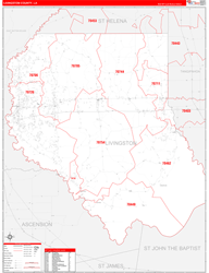 LivingstonParish (County), LA Wall Map Zip Code Red Line Style 2024