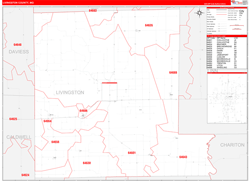 Livingston County, MO Wall Map Zip Code Red Line Style 2024