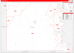 Llano County, TX Wall Map Zip Code Red Line Style 2024