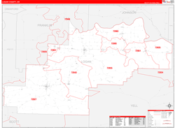 Logan County, AR Wall Map Zip Code Red Line Style 2024
