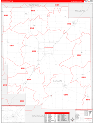 Logan County, IL Wall Map Zip Code Red Line Style 2024
