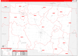 Logan County, OH Wall Map Zip Code Red Line Style 2024