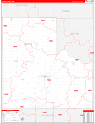 Logan County, OK Wall Map Zip Code Red Line Style 2024