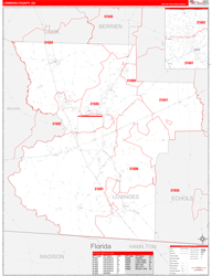 Lowndes County, GA Wall Map Zip Code Red Line Style 2024