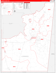 Lowndes County, MS Wall Map Zip Code Red Line Style 2024