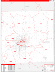 Lubbock County, TX Wall Map Zip Code Red Line Style 2024