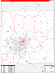 Lubbock County, TX Wall Map Zip Code Red Line Style 2026
