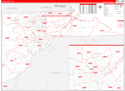 Lucas County, OH Wall Map Zip Code Red Line Style 2024