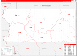 Lyon County, IA Wall Map Zip Code Red Line Style 2024