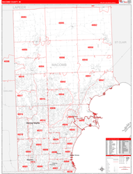 Macomb County, MI Wall Map Zip Code Red Line Style 2024