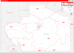 Macon County, AL Wall Map Zip Code Red Line Style 2024