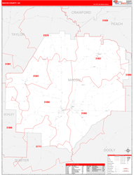Macon County, GA Wall Map Zip Code Red Line Style 2024