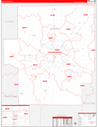 Macon County, IL Wall Map Zip Code Red Line Style 2024