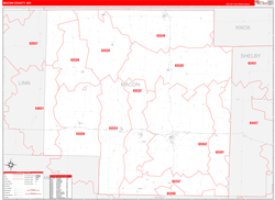Macon County, MO Wall Map Zip Code Red Line Style 2024