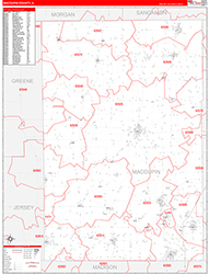 Macoupin County, IL Wall Map Zip Code Red Line Style 2026
