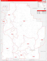Madison County, AR Wall Map Zip Code Red Line Style 2024