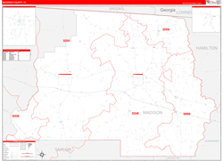 Madison County, FL Wall Map Zip Code Red Line Style 2024