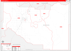 Madison County, ID Wall Map Zip Code Red Line Style 2024