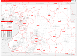 Madison County, IL Wall Map Zip Code Red Line Style 2024
