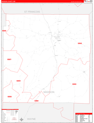 Madison County, MO Wall Map Zip Code Red Line Style 2024