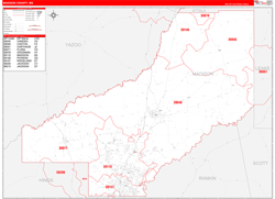 Madison County, MS Wall Map Zip Code Red Line Style 2024