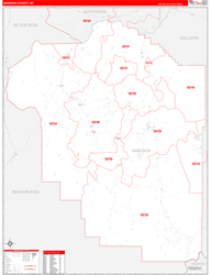 Madison County, MT Wall Map Zip Code Red Line Style 2024