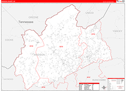 Madison County, NC Wall Map Zip Code Red Line Style 2026