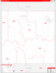 Madison County, NE Wall Map Zip Code Red Line Style 2023