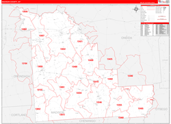 Madison County, NY Wall Map Zip Code Red Line Style 2024