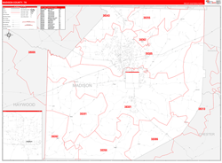 Madison County, TN Wall Map Zip Code Red Line Style 2024